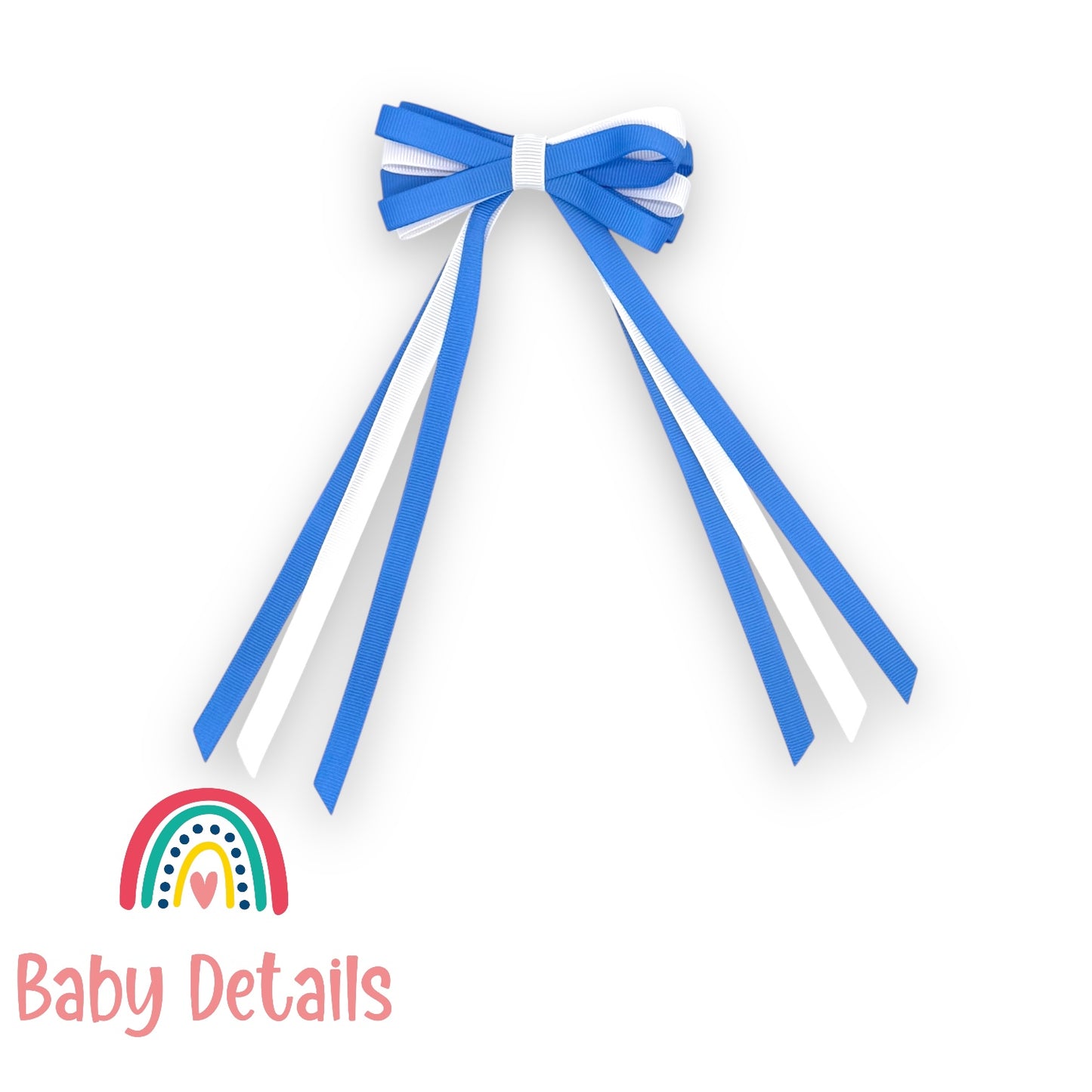 Thin Bow Long Ribbon Hair Clip - Sky Blue & White