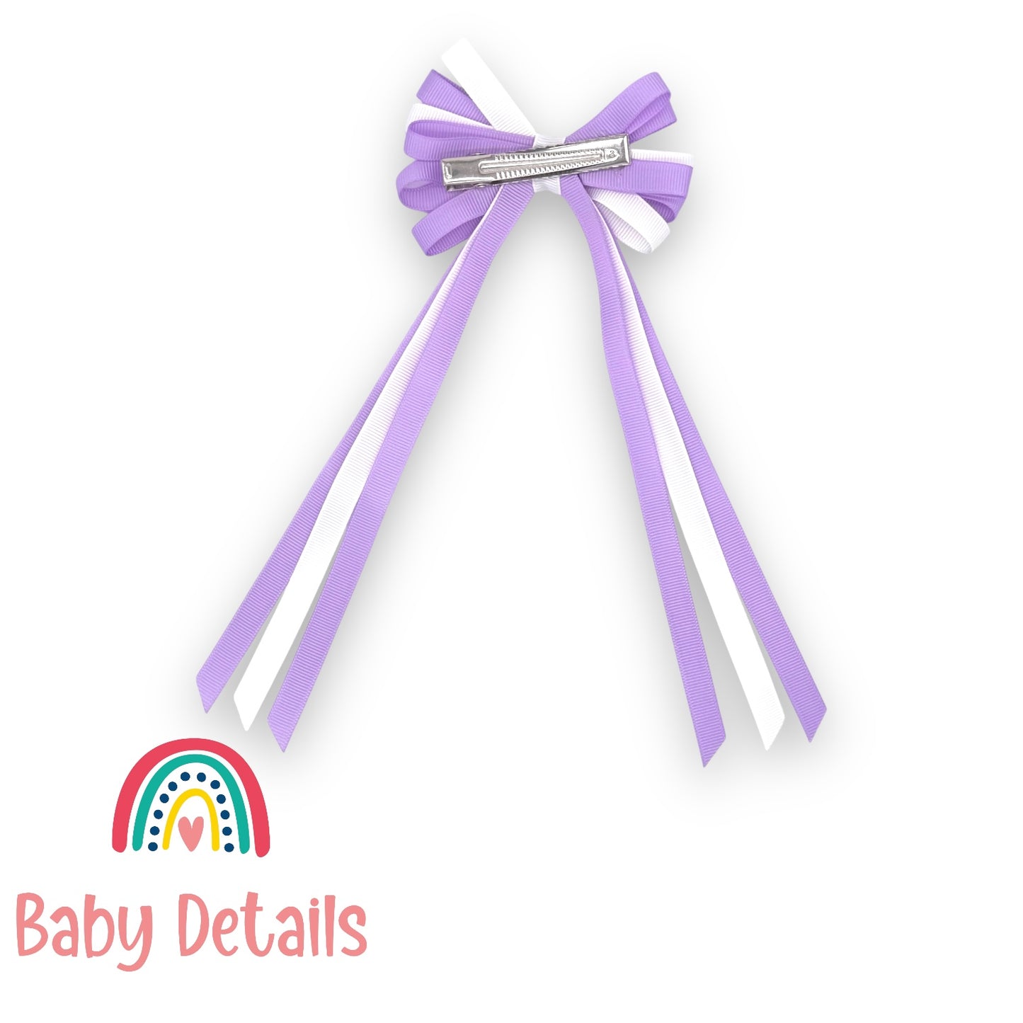 Thin Bow Long Ribbon Hair Clip - Purple & White