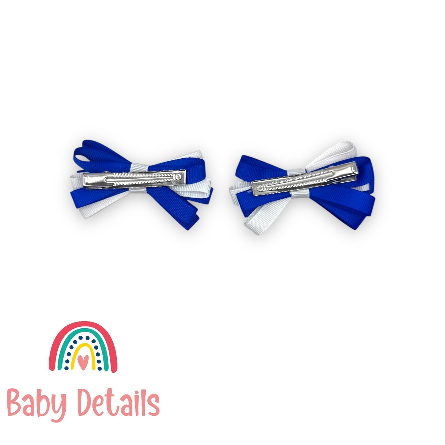 Set of 2 Thin Bow Hair Clips - Royal Blue & White