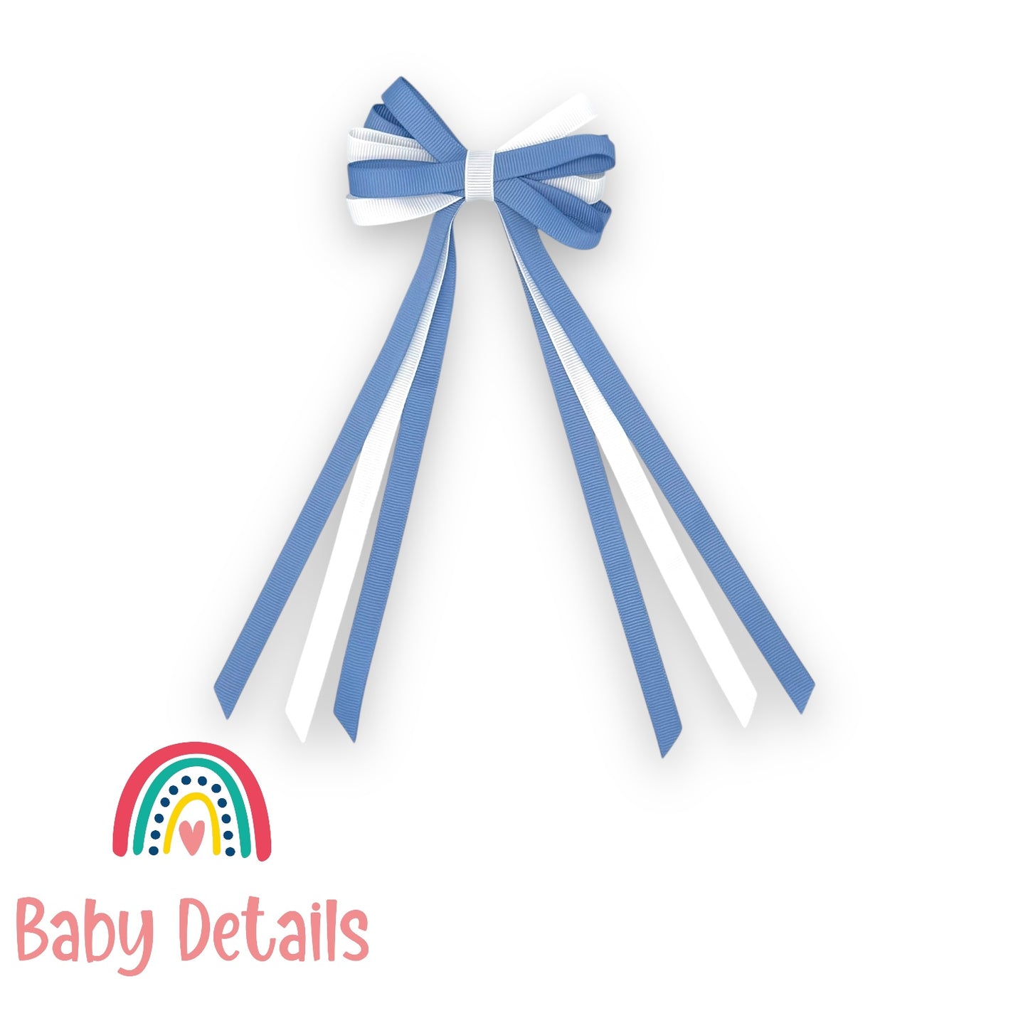 Thin Bow Long Ribbon Hair Clip - Ice Blue & White