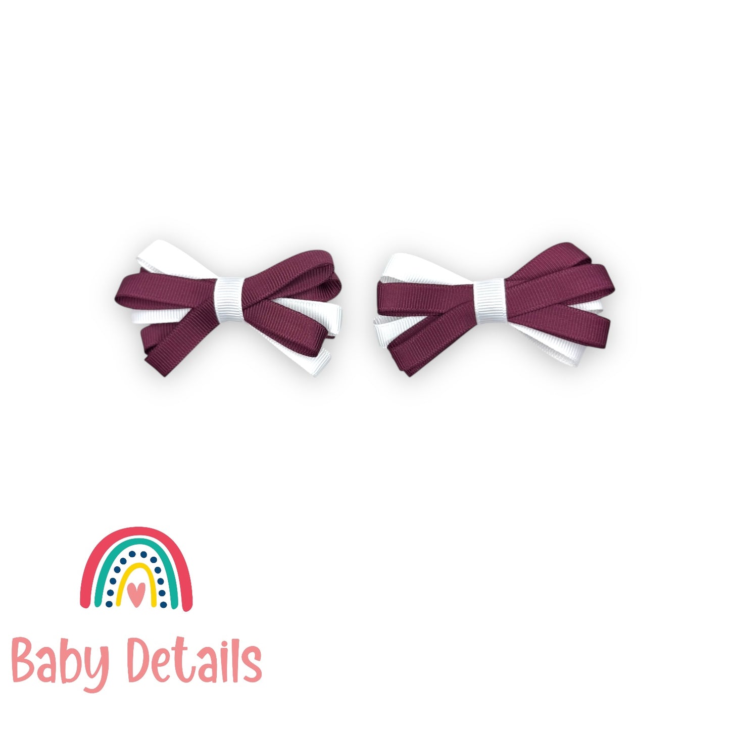 Set of 2 Thin Bow Hair Clips - Burgundy & White
