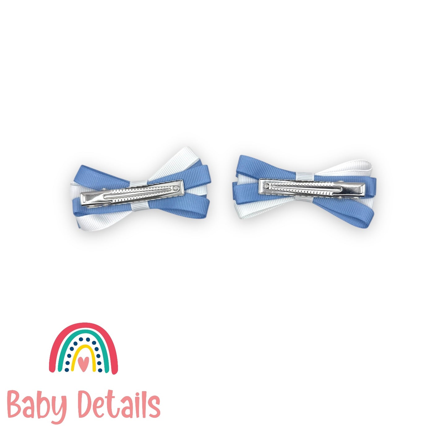 Set of 2 Thin Bow Hair Clips - Ice Blue & White
