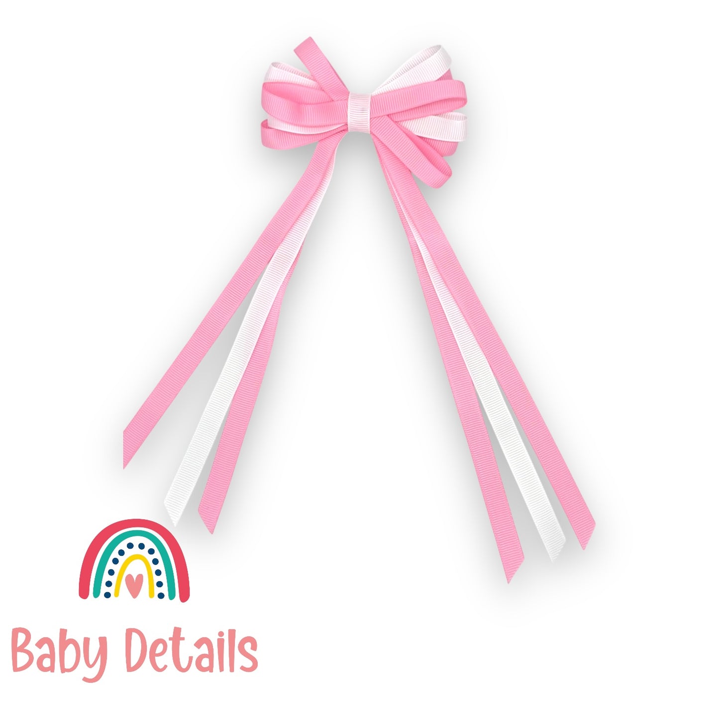Thin Bow Long Ribbon Hair Clip - Light Pink & White