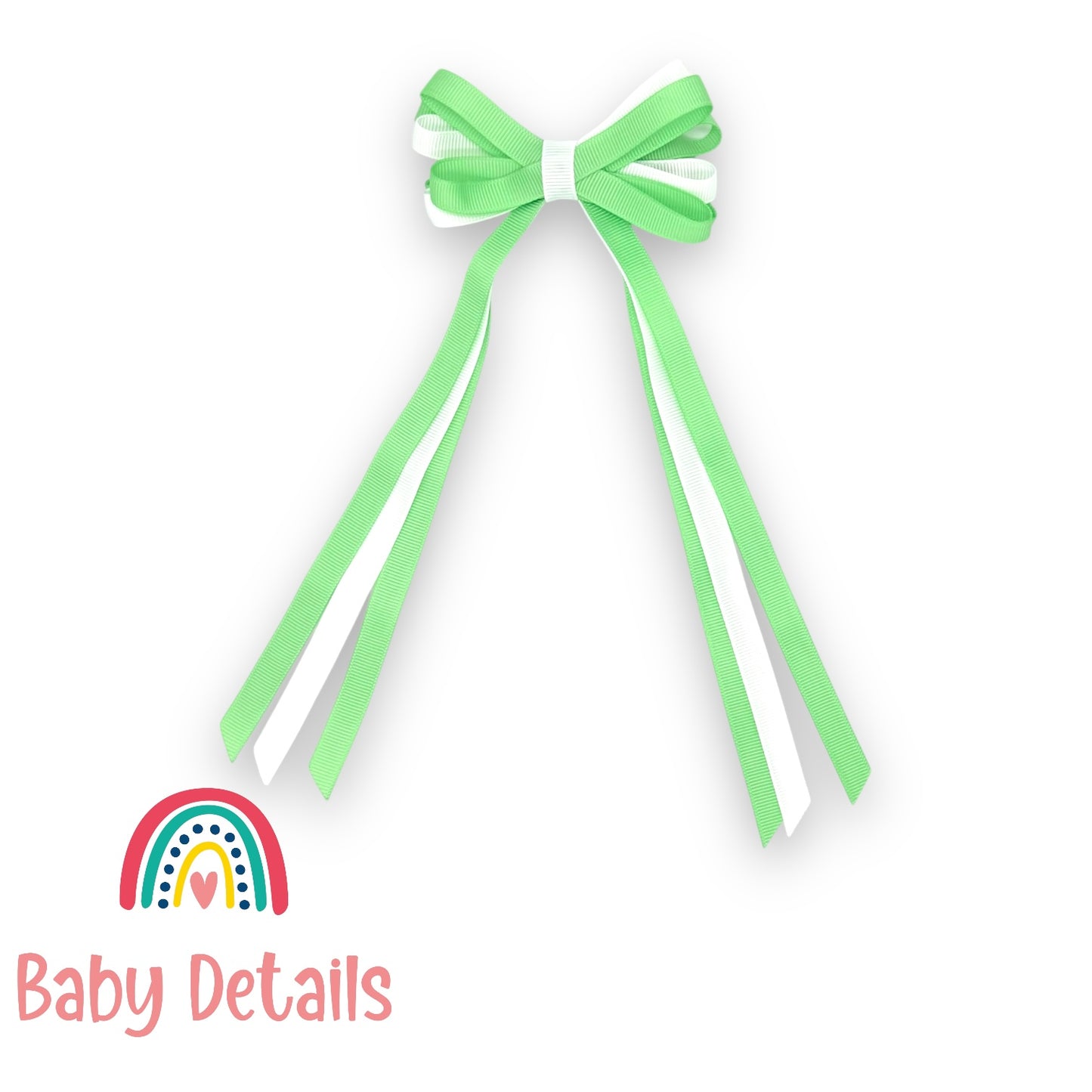 Thin Bow Long Ribbon Hair Clip - Bright Green & White
