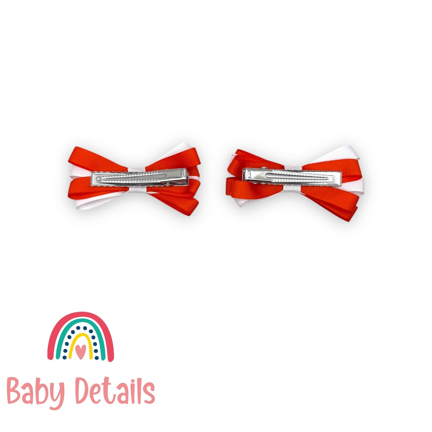 Set of 2 Thin Bow Hair Clips - Orange & White