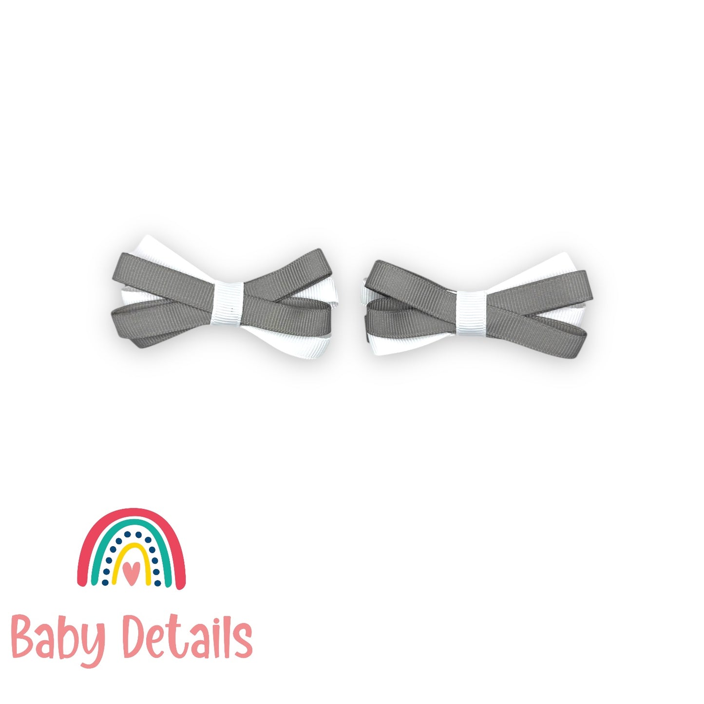 Set of 2 Thin Bow Hair Clips - Dark Grey & White