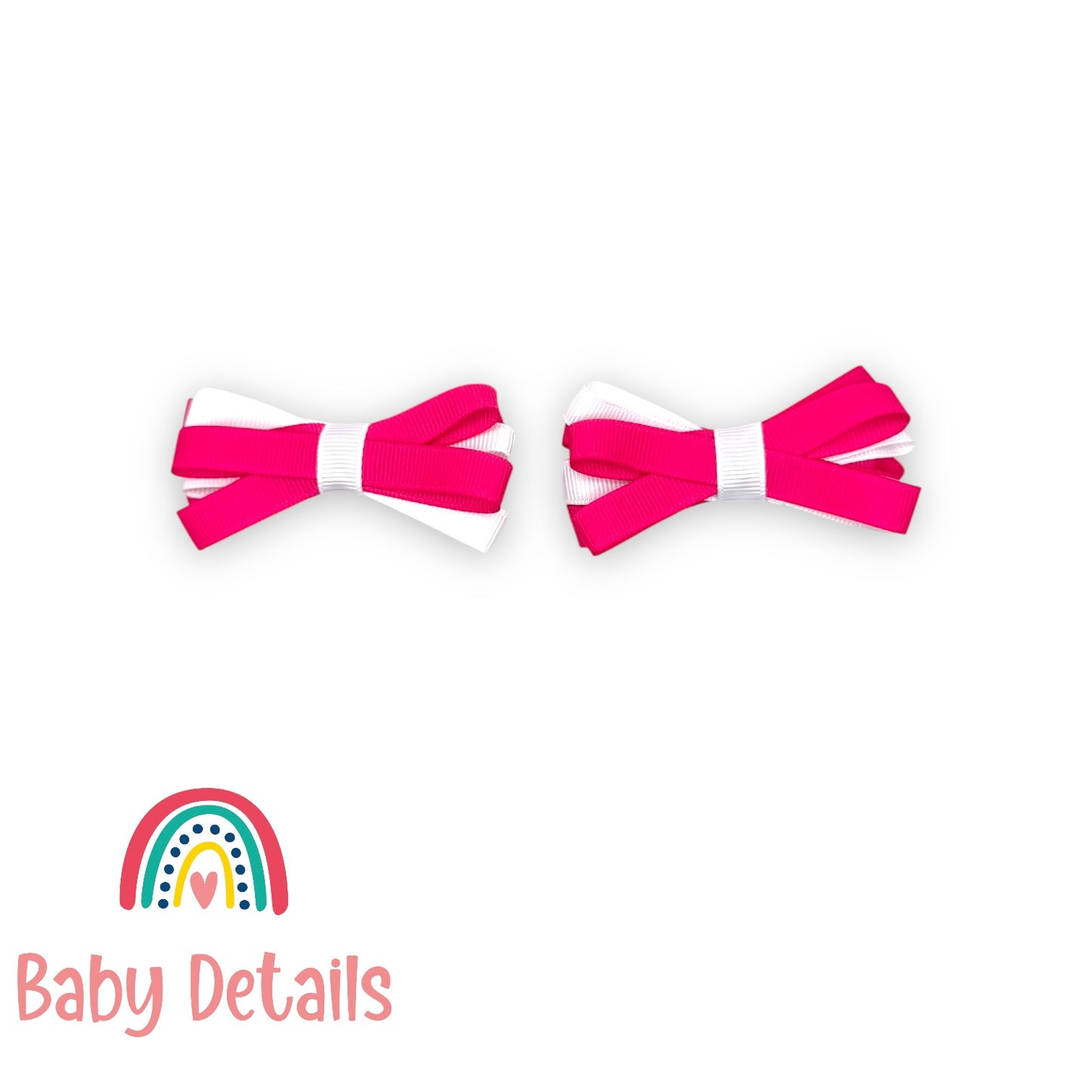 Set of 2 Thin Bow Hair Clips - Fuchsia & White