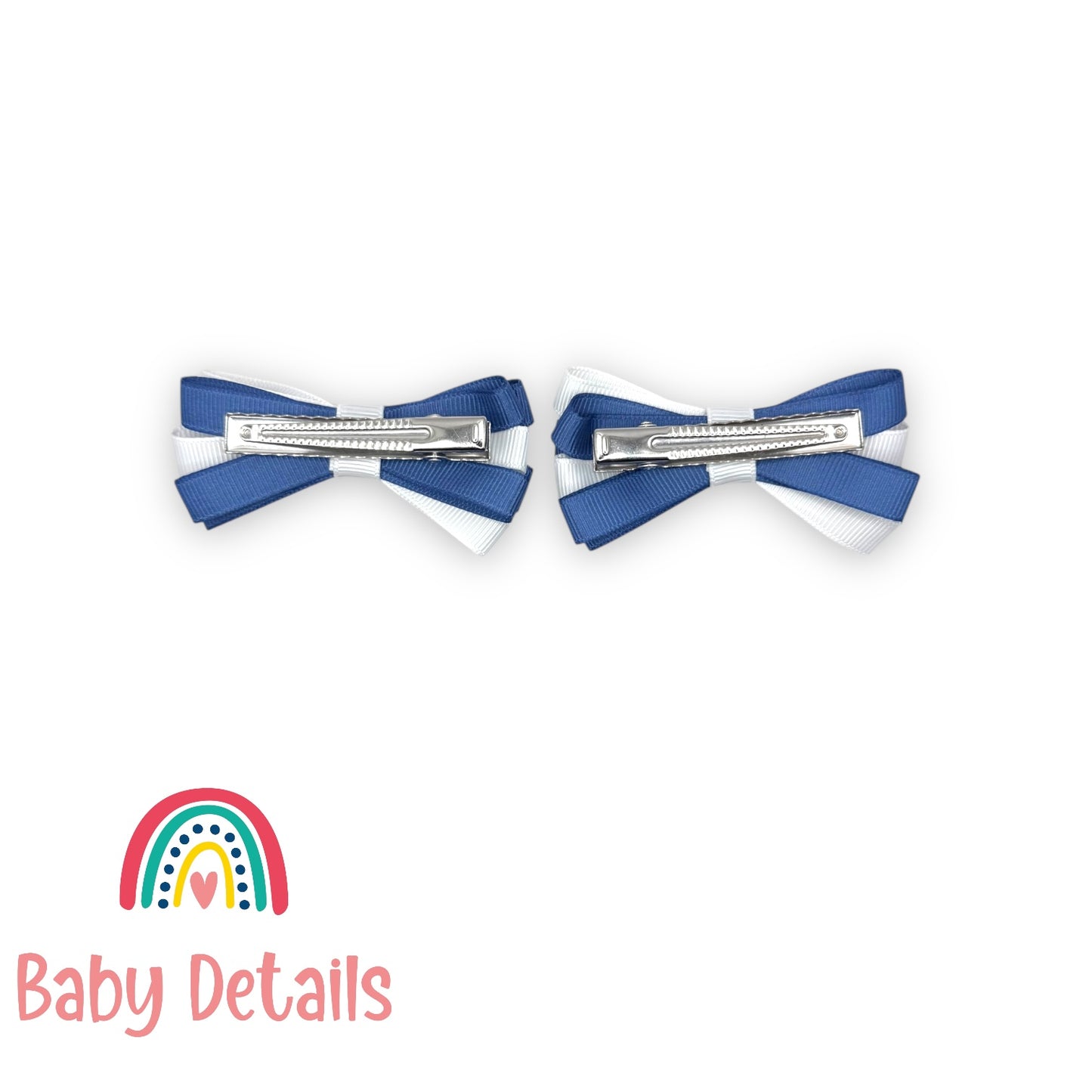Set of 2 Thin Bow Hair Clips - Blue Grey & White