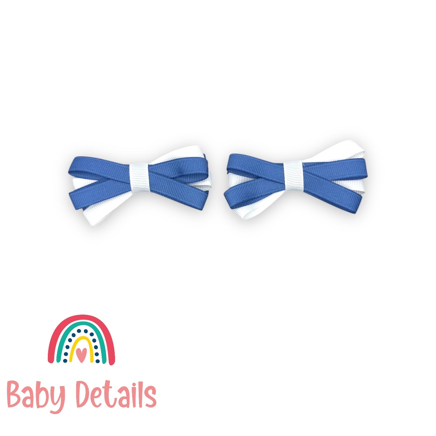 Set of 2 Thin Bow Hair Clips - Blue Grey & White