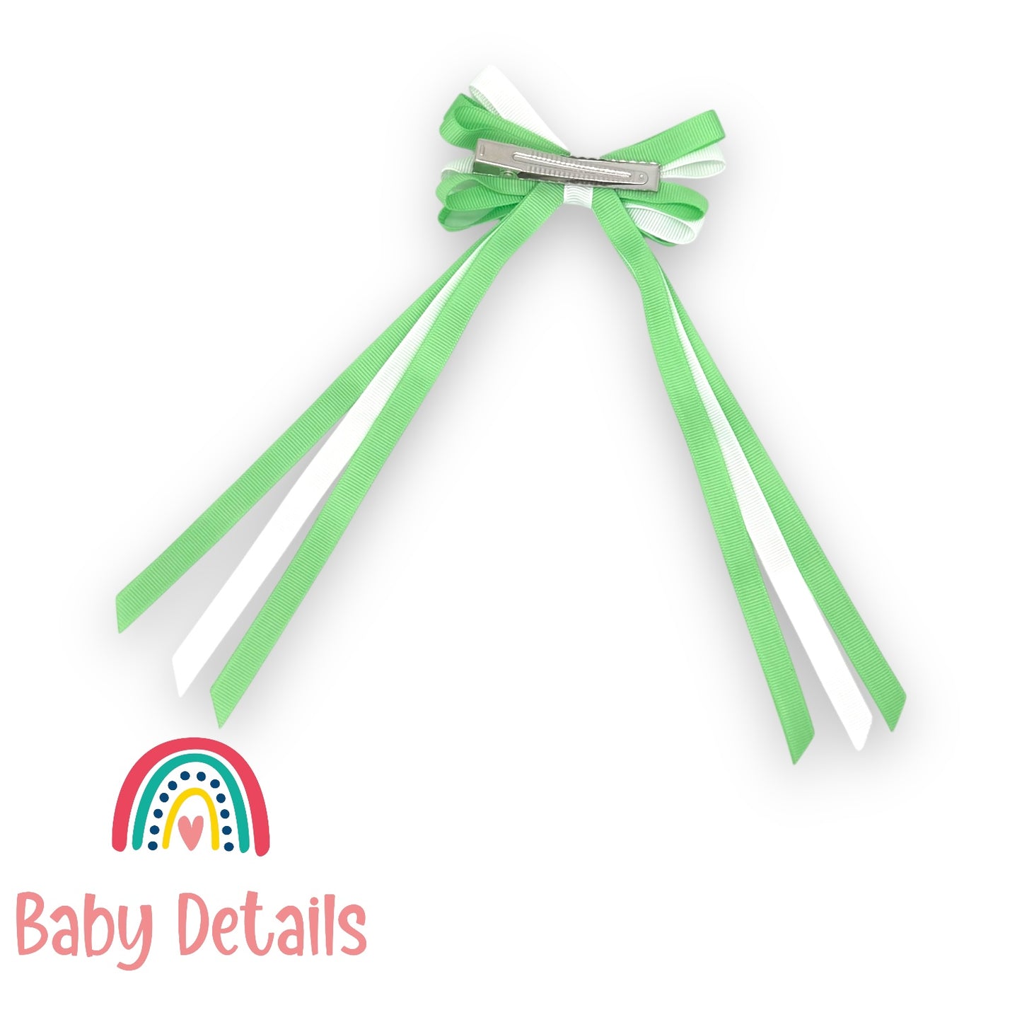 Thin Bow Long Ribbon Hair Clip - Bright Green & White
