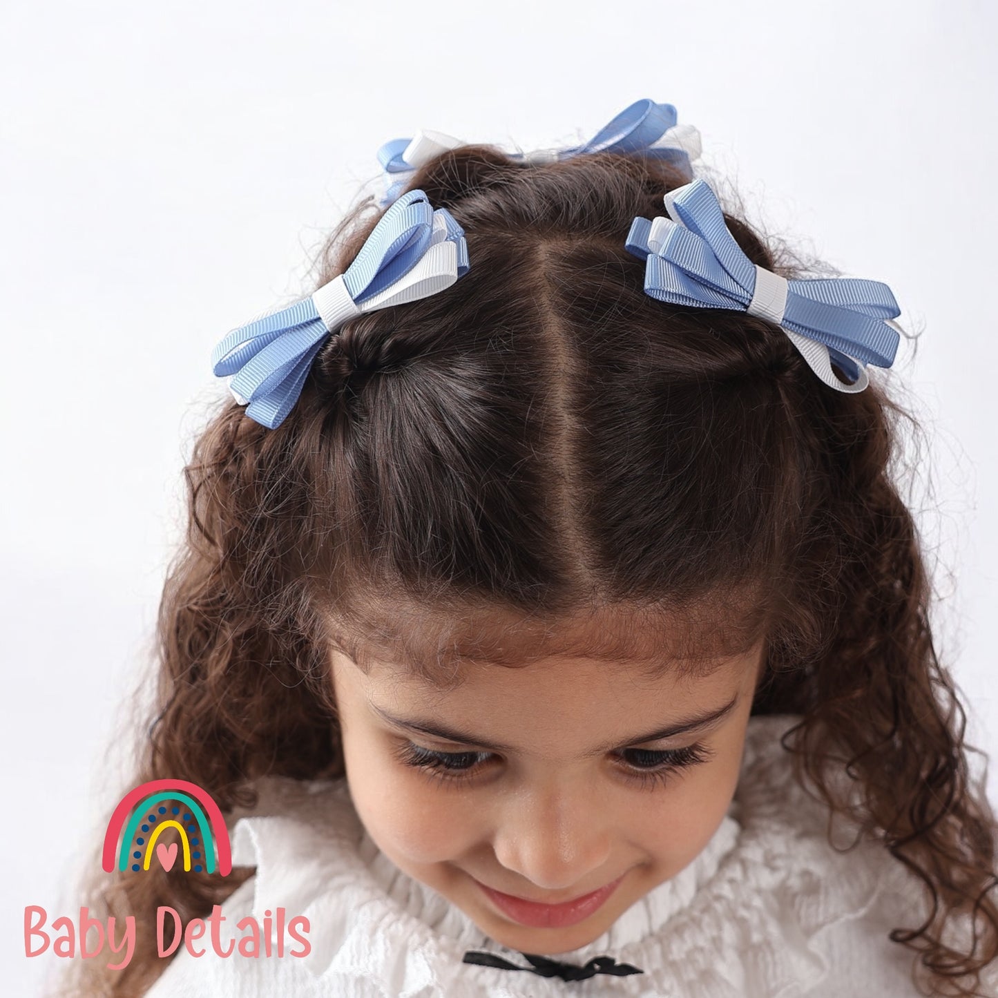 Set of 2 Thin Bow Hair Clips - Ice Blue & White