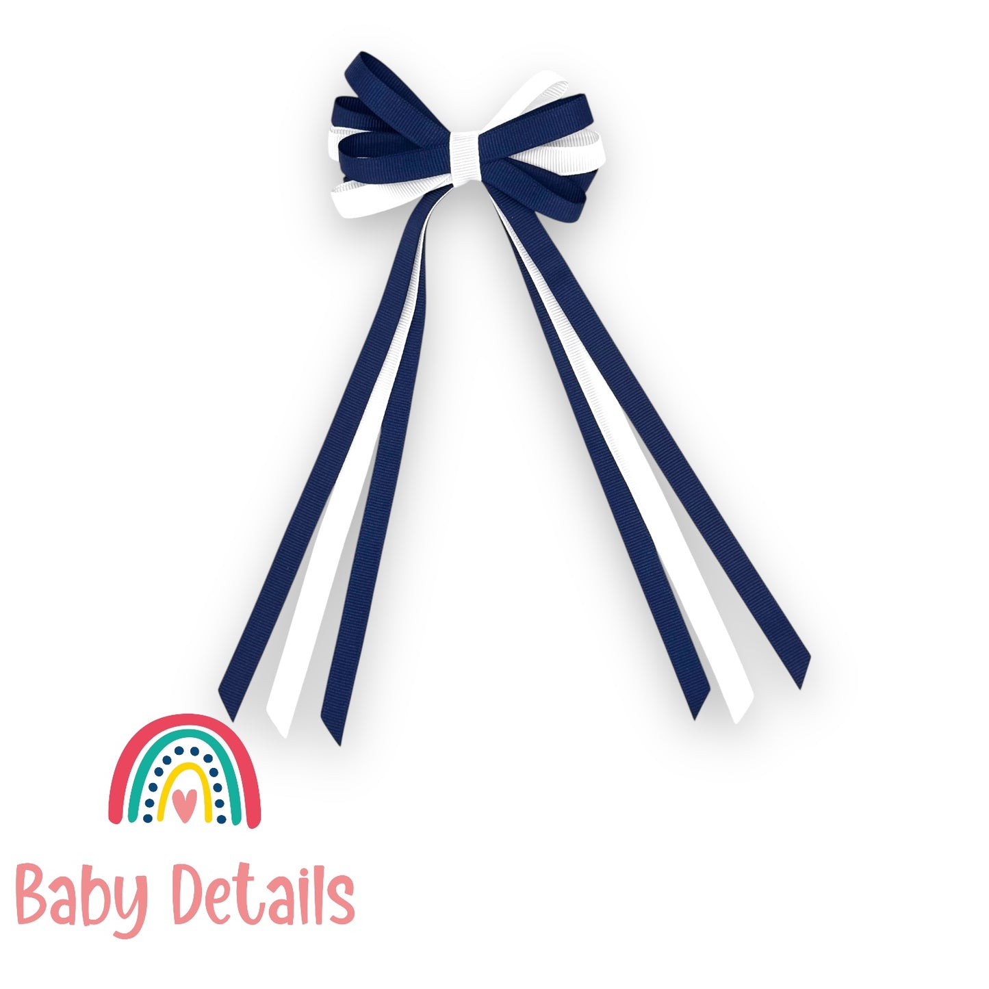 Thin Bow Long Ribbon Hair Clip - Navy Blue & White
