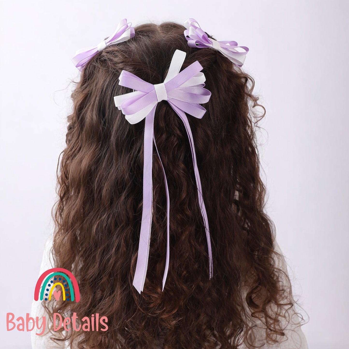 Thin Bow Long Ribbon Hair Clip - Purple & White