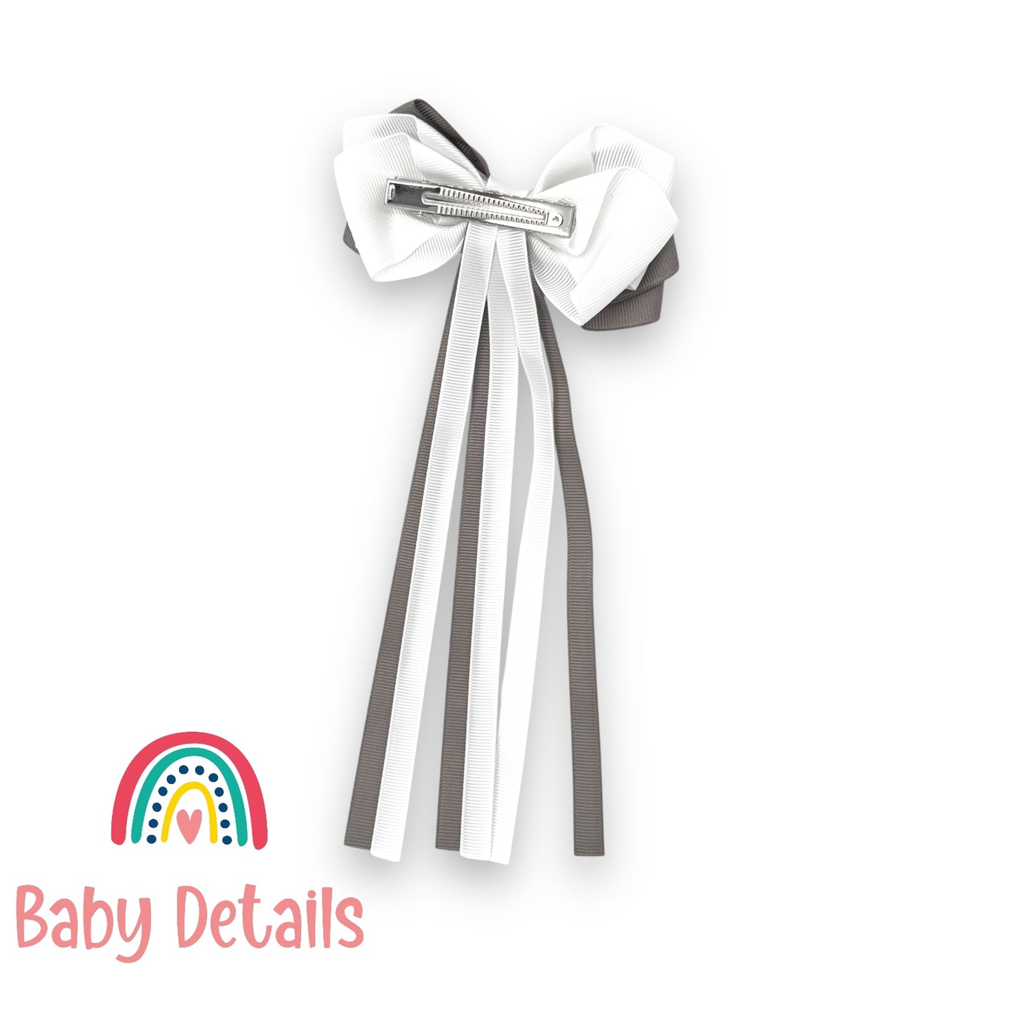 Big Bow Layers with Long Ribbons - Dark Grey & White
