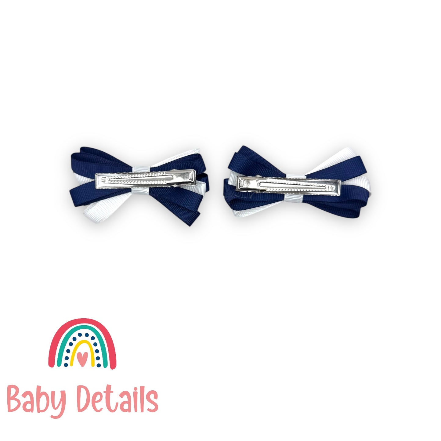 Set of 2 Thin Bow Hair Clips - Navy Blue & White