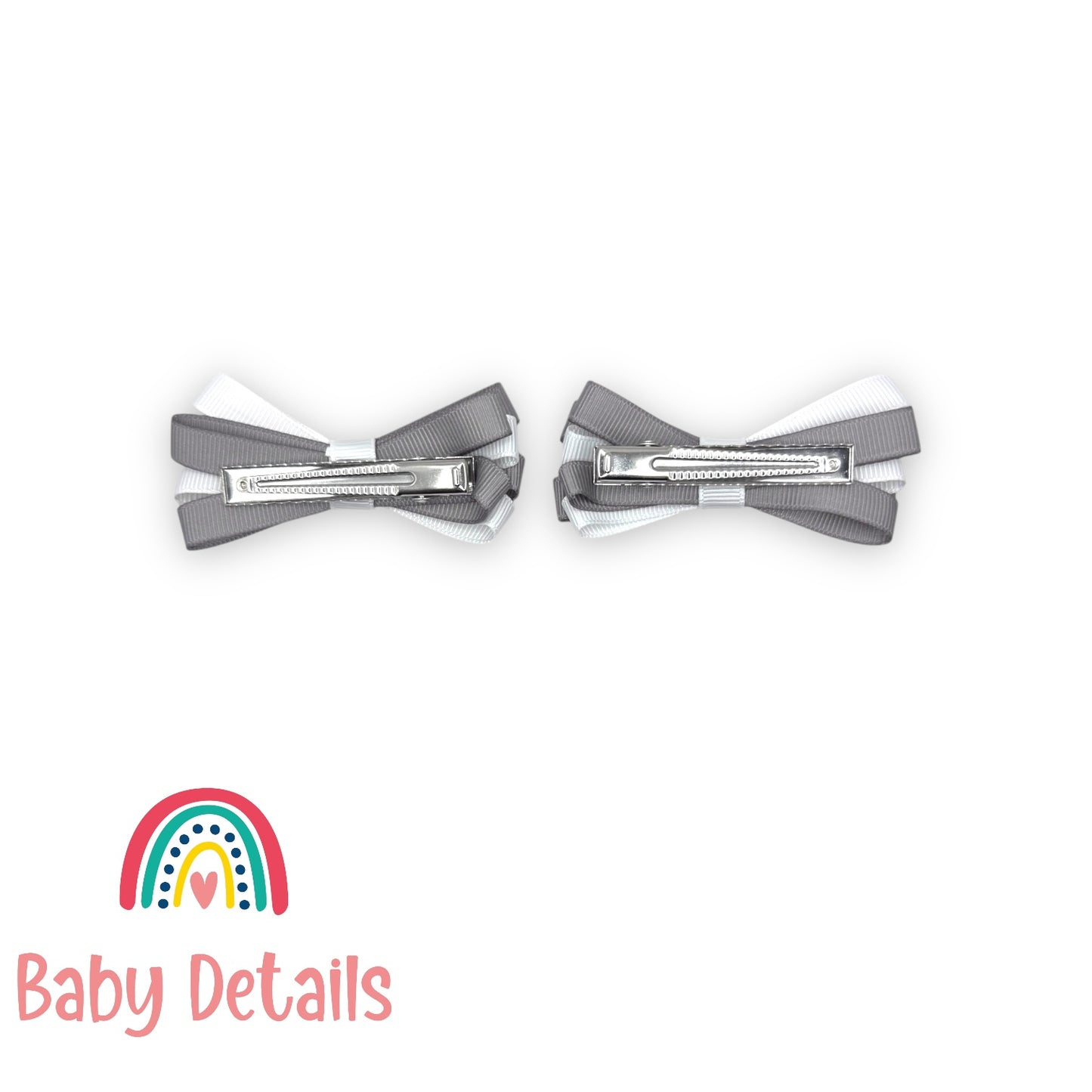 Set of 2 Thin Bow Hair Clips - Light Grey & White