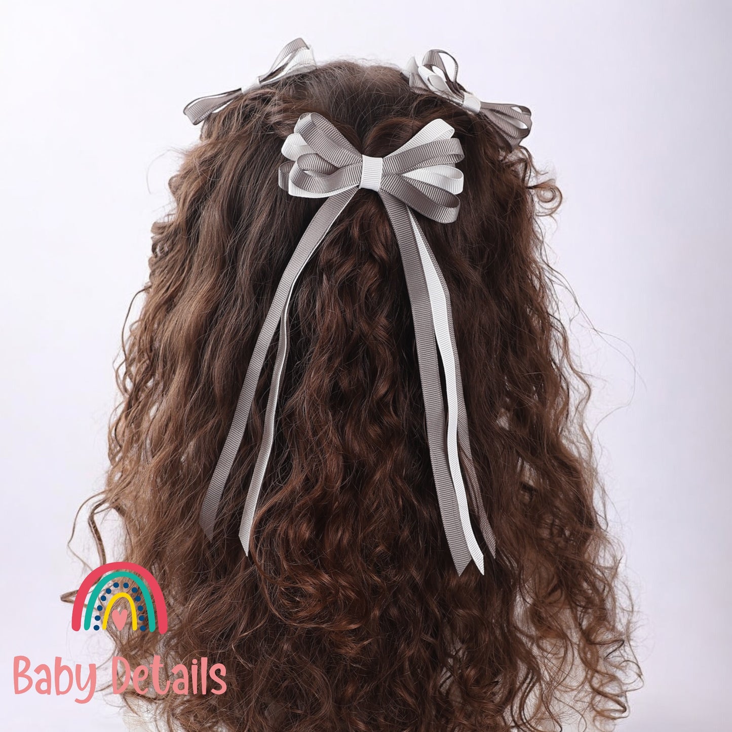 Thin Bow Long Ribbon Hair Clip - Dark Grey & White