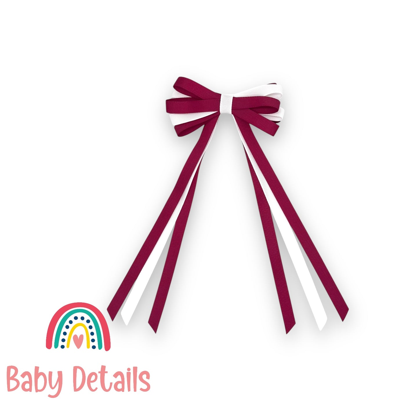 Thin Bow Long Ribbon Hair Clip - Maroon & White