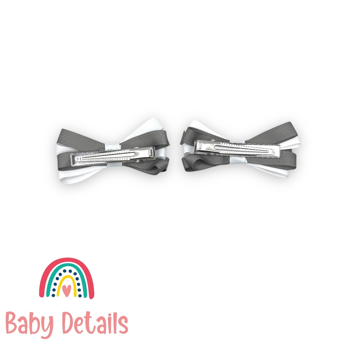 Set of 2 Thin Bow Hair Clips - Dark Grey & White