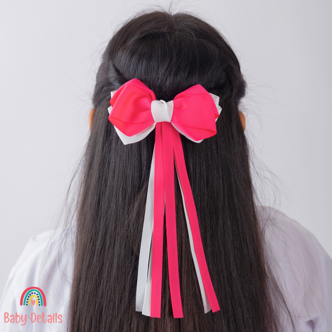 Big Bow Layers with Long Ribbons - Fuchsia & White