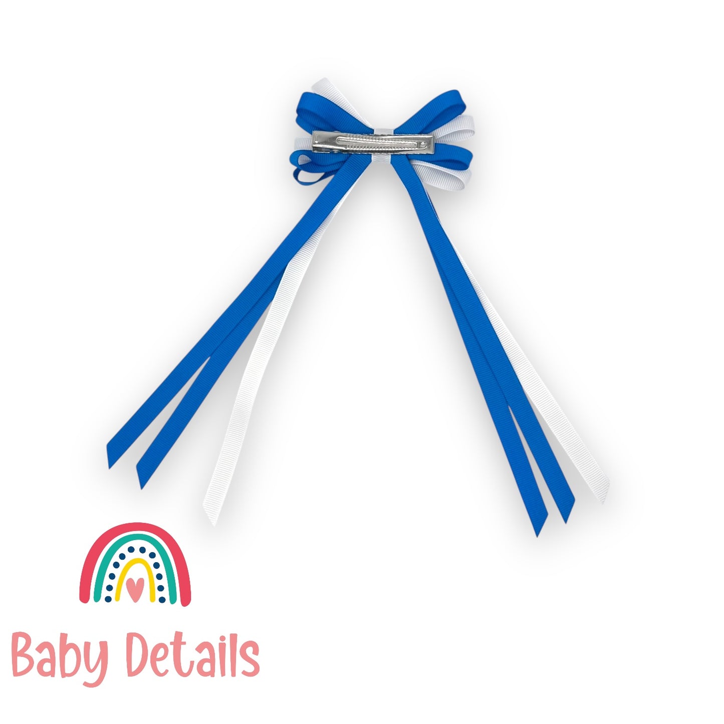 Thin Bow Long Ribbon Hair Clip - Blue & White