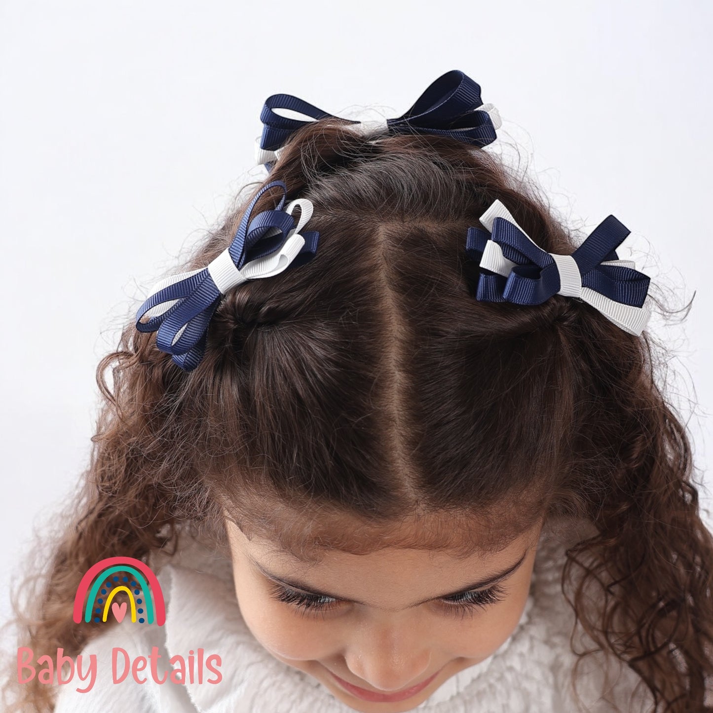 Set of 2 Thin Bow Hair Clips - Navy Blue & White