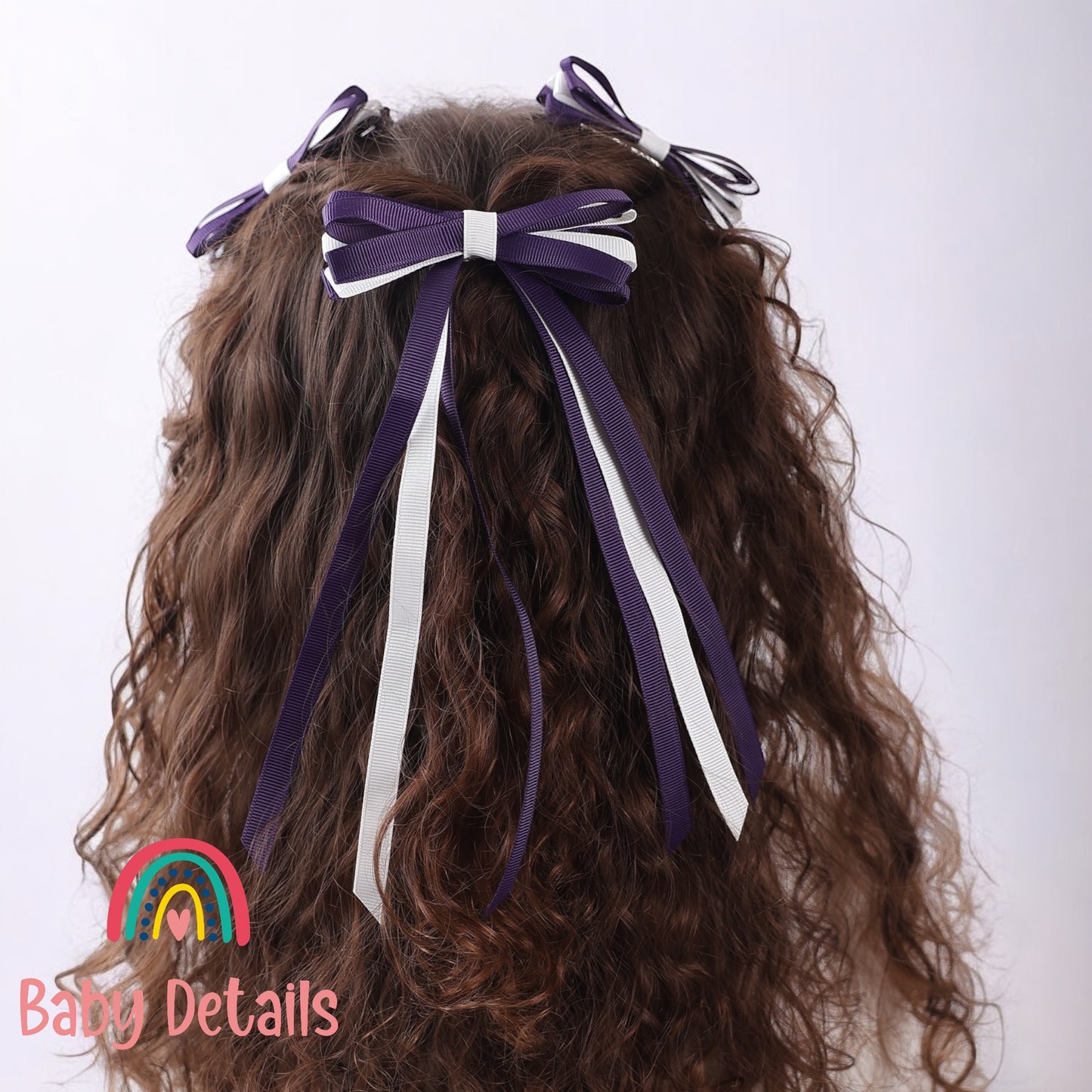 Thin Bow Long Ribbon Hair Clip - Dark Purple & White
