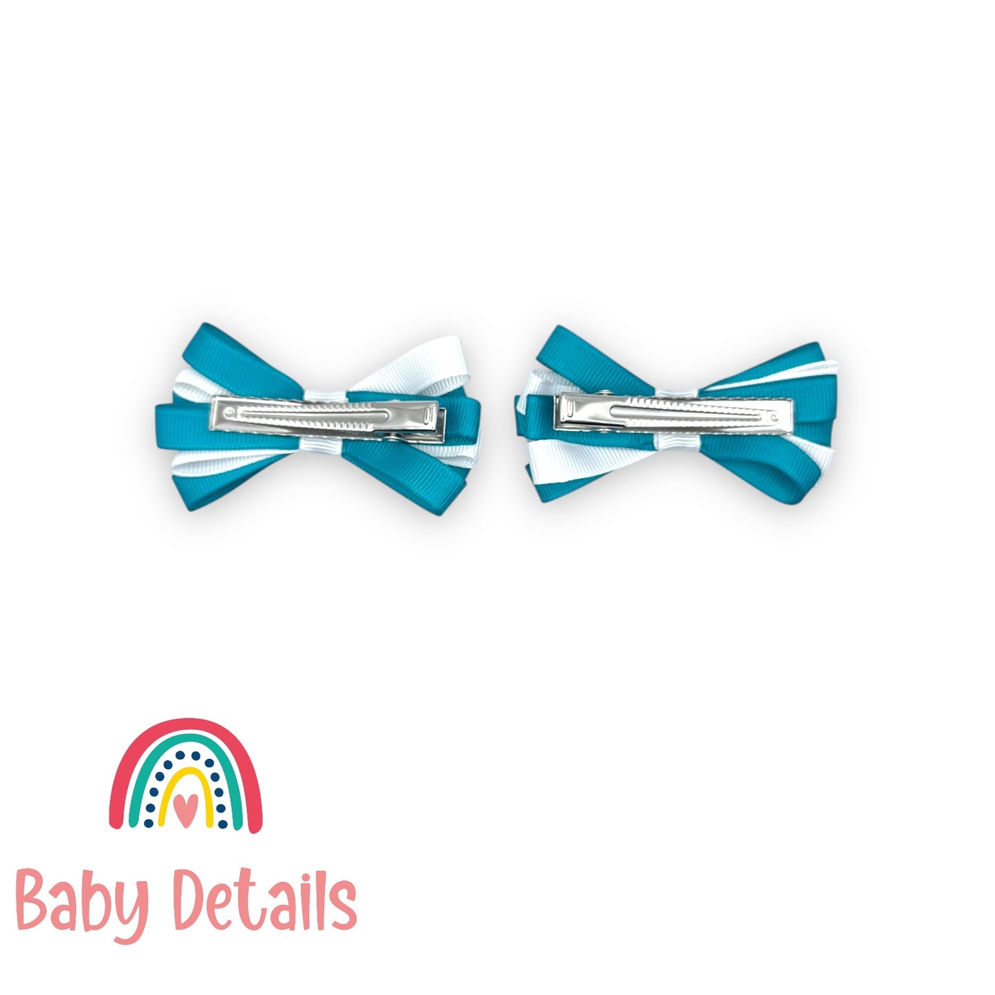 Set of 2 Thin Bow Hair Clips - Pacific Blue & White