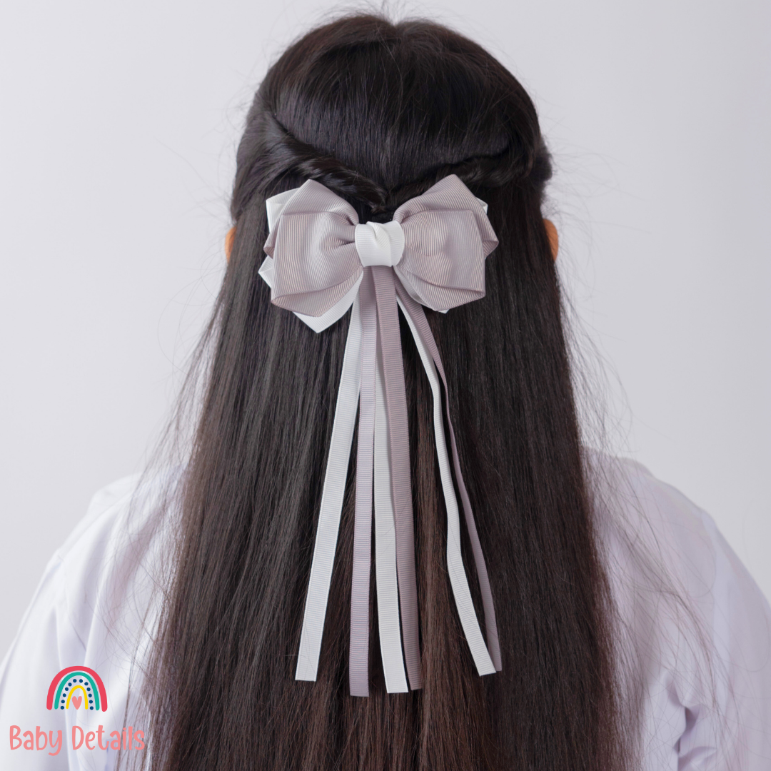 Big Bow Layers with Long Ribbons - Light Grey & White