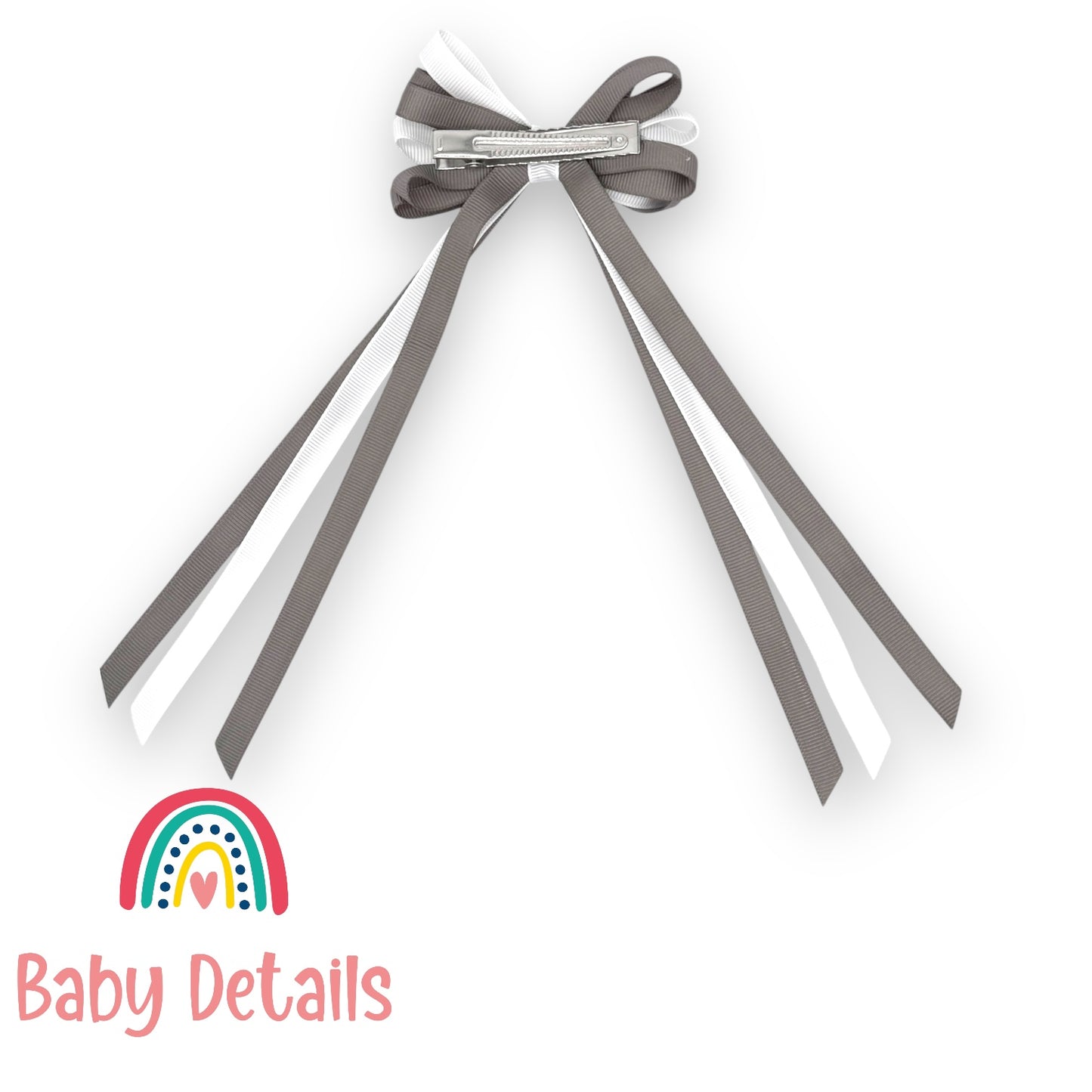 Thin Bow Long Ribbon Hair Clip - Dark Grey & White