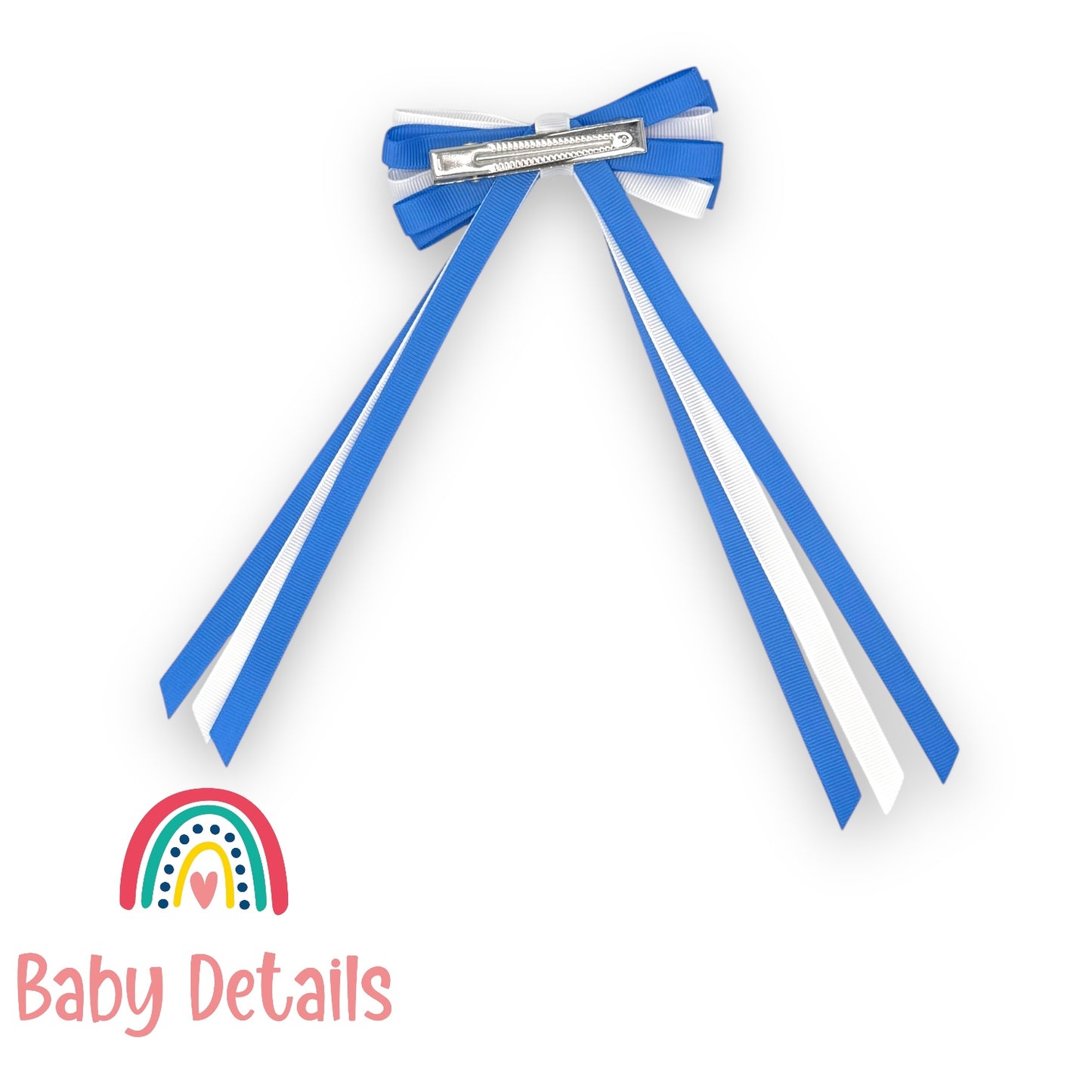 Thin Bow Long Ribbon Hair Clip - Sky Blue & White