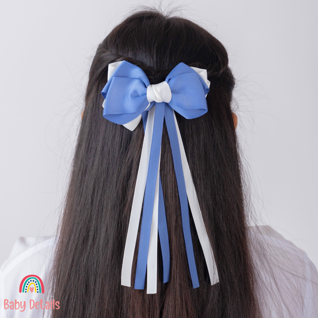 Big Bow Layers with Long Ribbons - Blue Grey & White