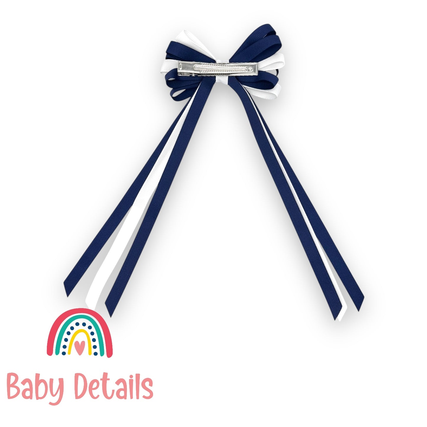 Thin Bow Long Ribbon Hair Clip - Navy Blue & White
