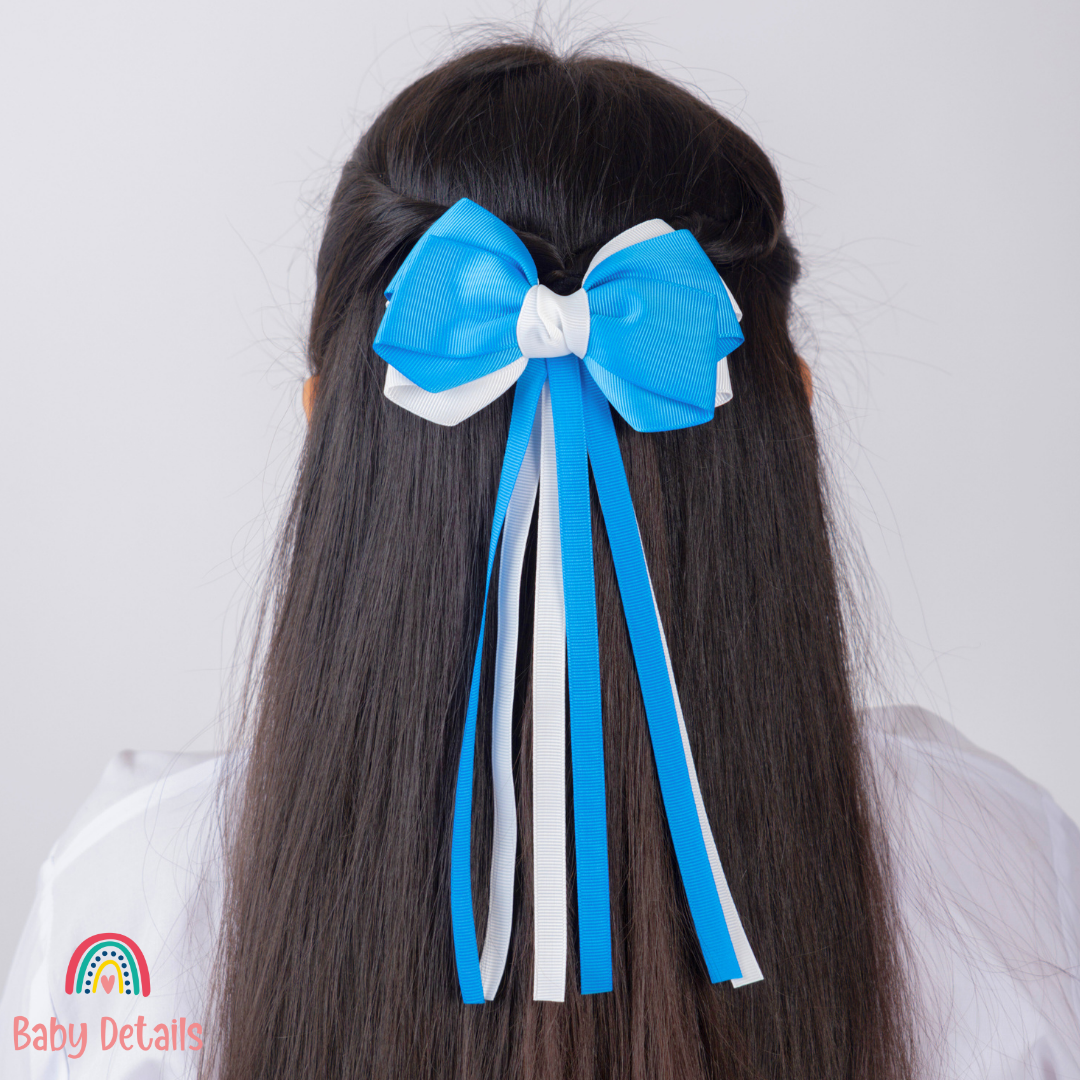Big Bow Layers with Long Ribbons - Blue & White