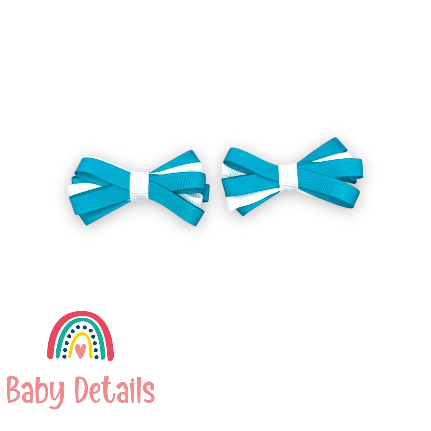 Set of 2 Thin Bow Hair Clips - Pacific Blue & White