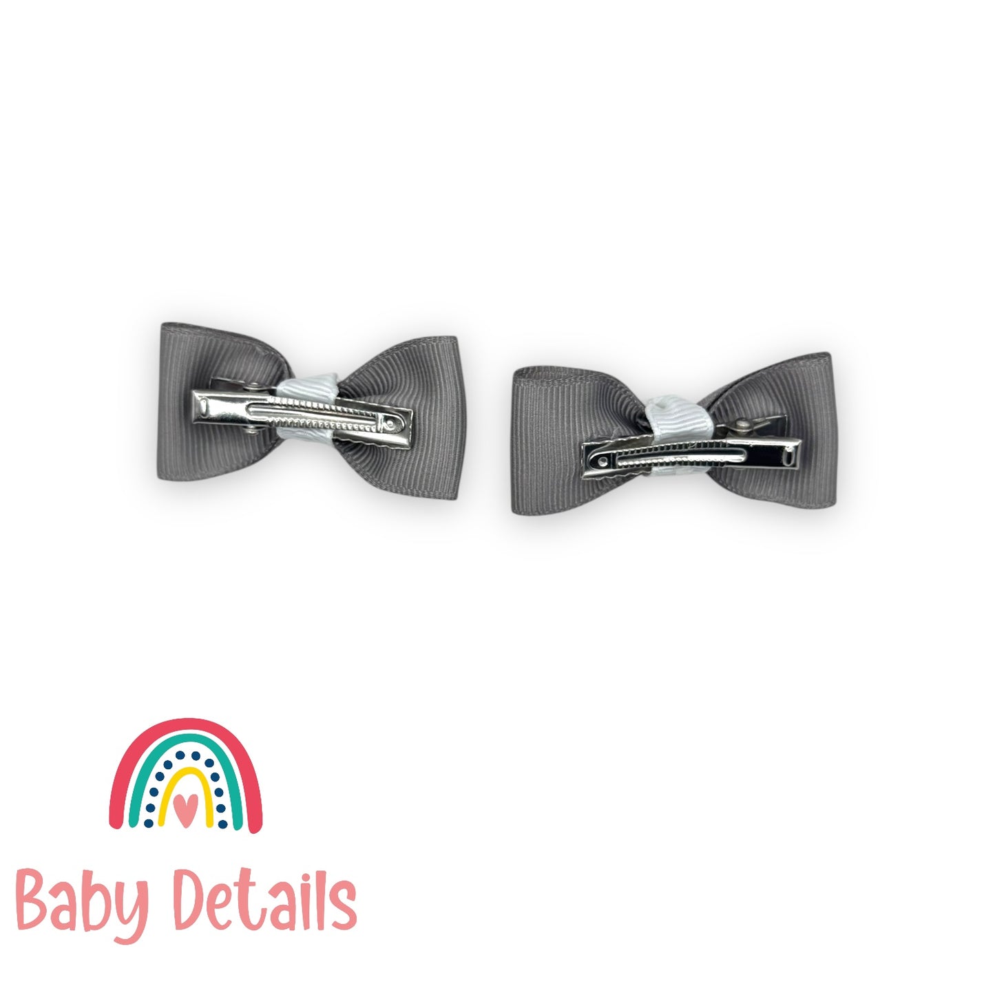 Set of 2 Mini Elegant Bow Hair Clips - Light Grey & White