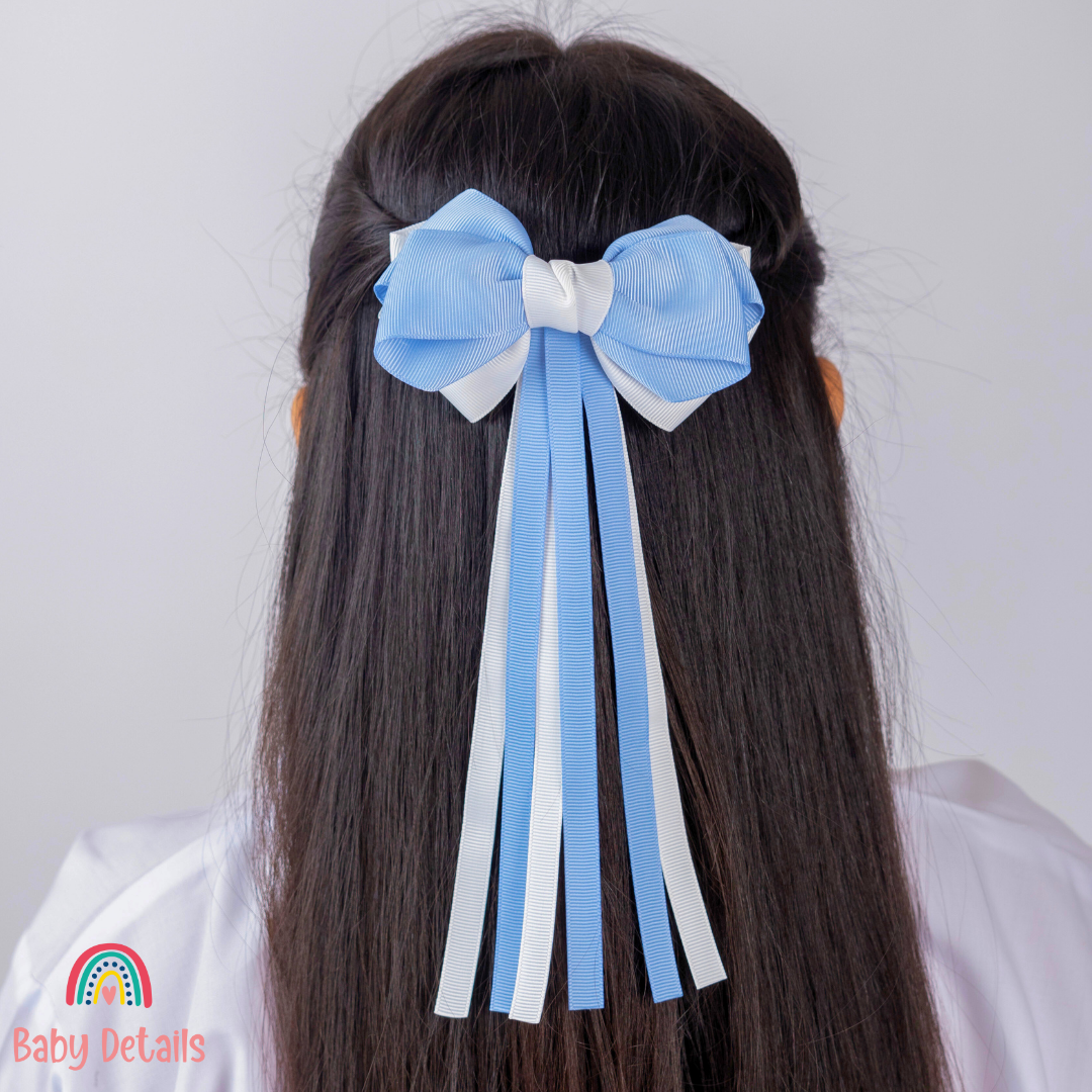 Big Bow Layers with Long Ribbons - Ice Blue & White