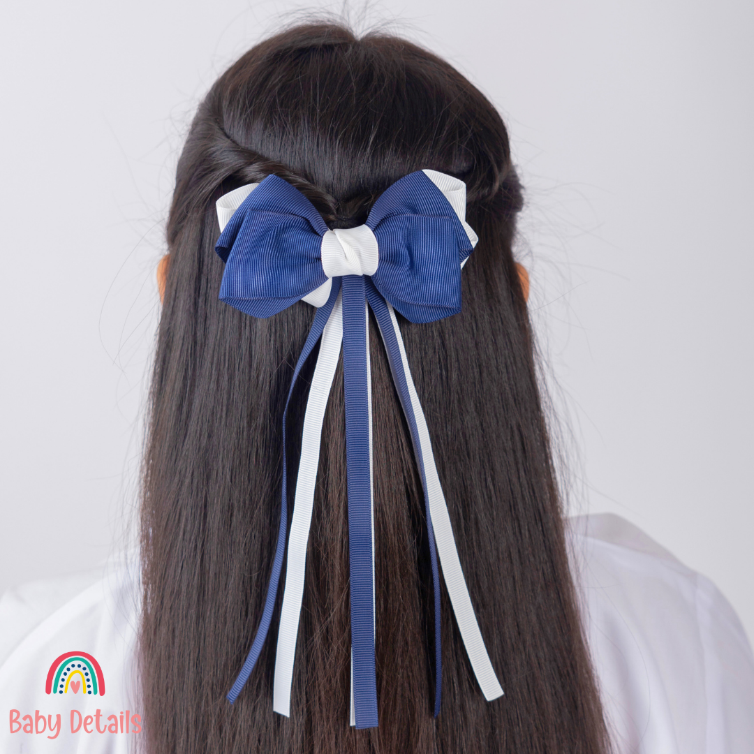 Big Bow Layers with Long Ribbons - Navy Blue & White