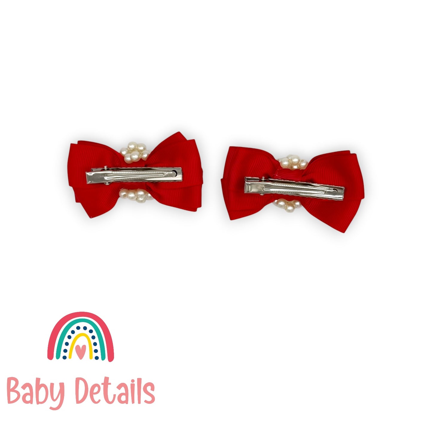 Set of 2 Pearl Ribbon Hair Clip - Red