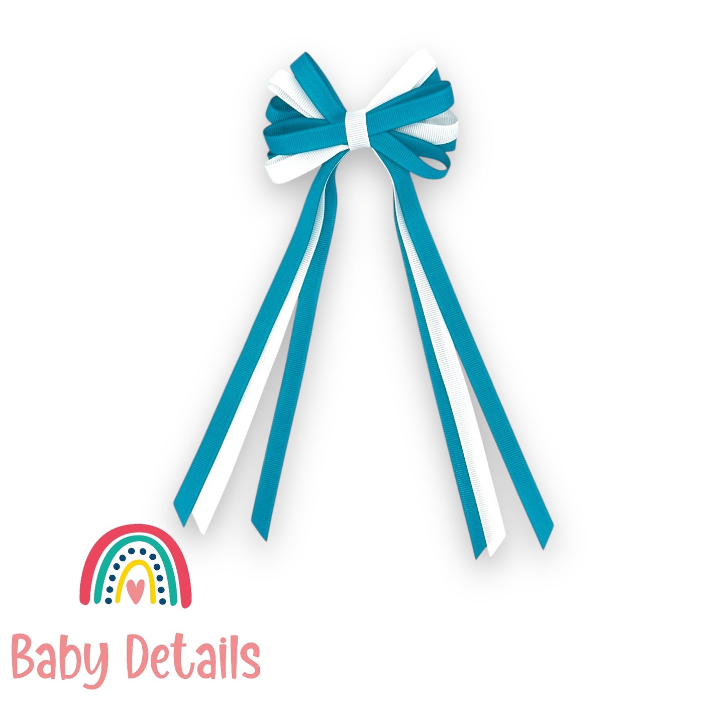Thin Bow Long Ribbon Hair Clip - Pacific Blue & White