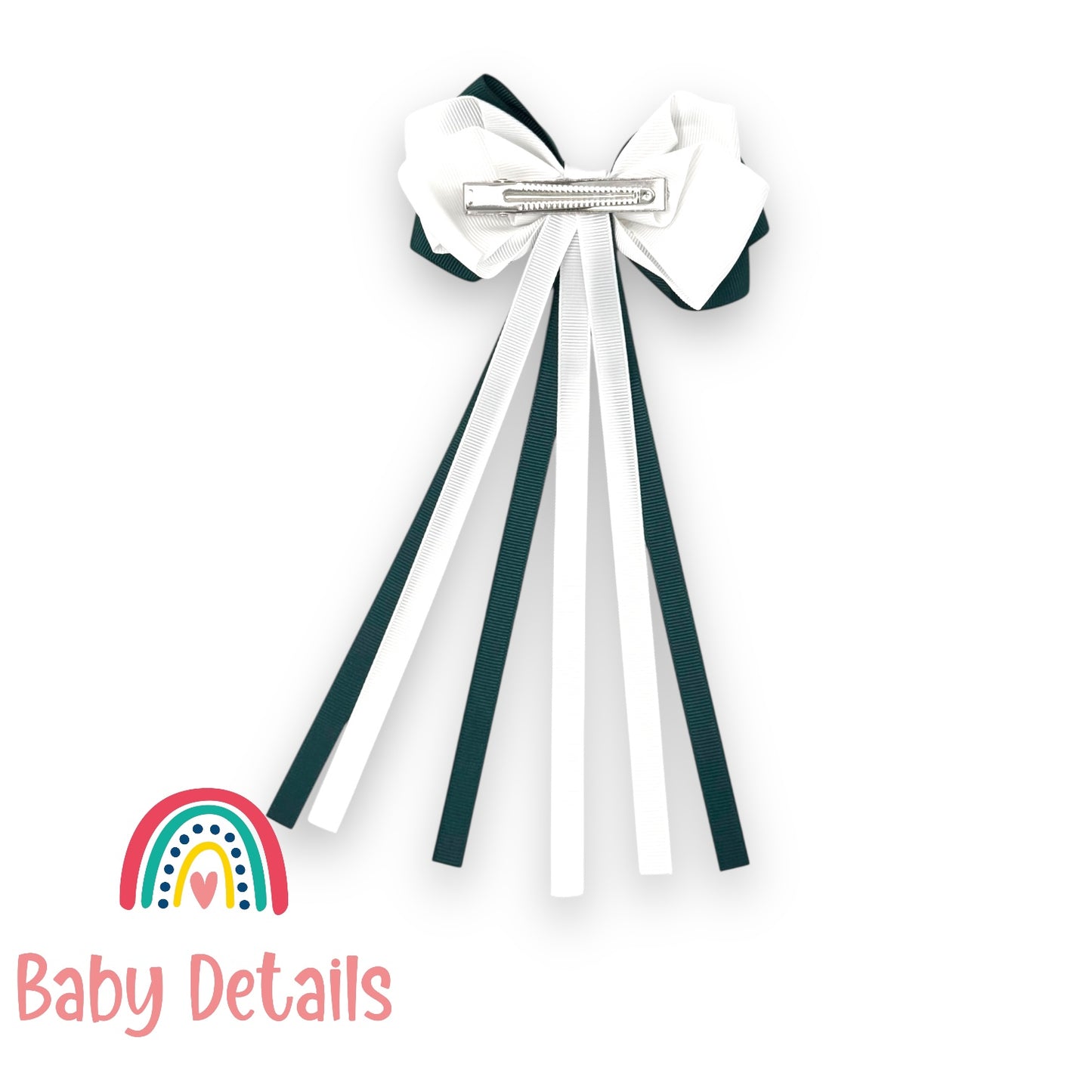 Big Bow Layers with Long Ribbons - Deep Green & White