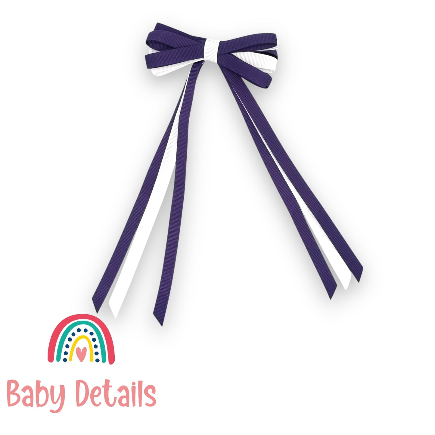Thin Bow Long Ribbon Hair Clip - Dark Purple & White