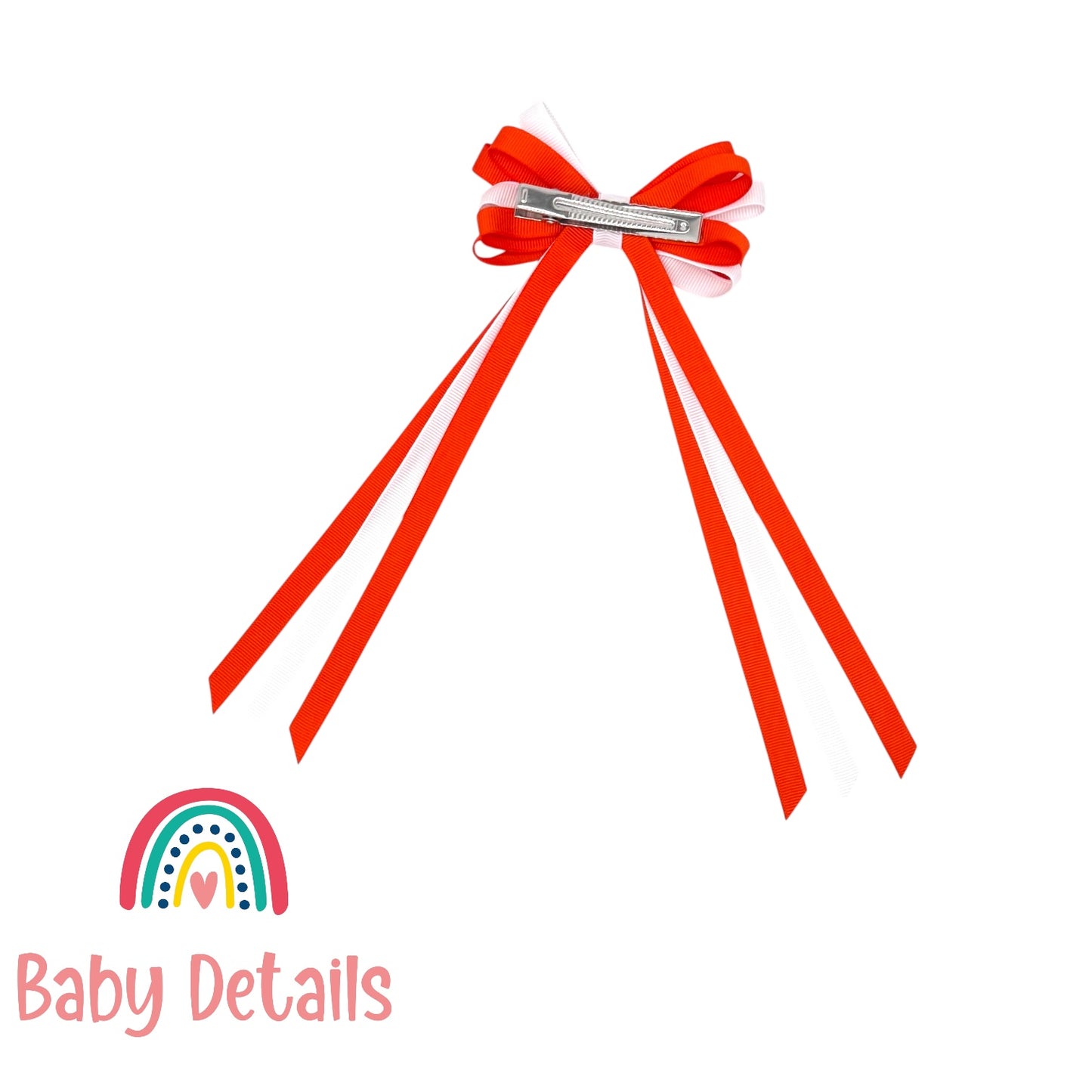 Thin Bow Long Ribbon Hair Clip - Orange & White