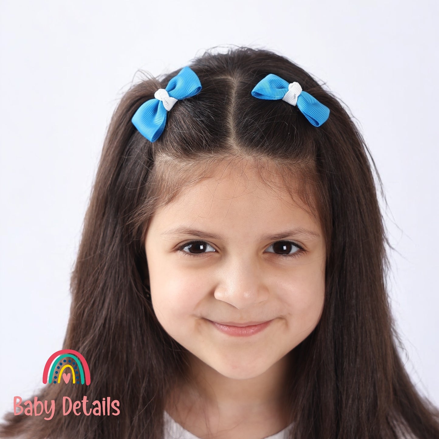 Set of 2 Mini Elegant Bow Hair Clips - Blue & White