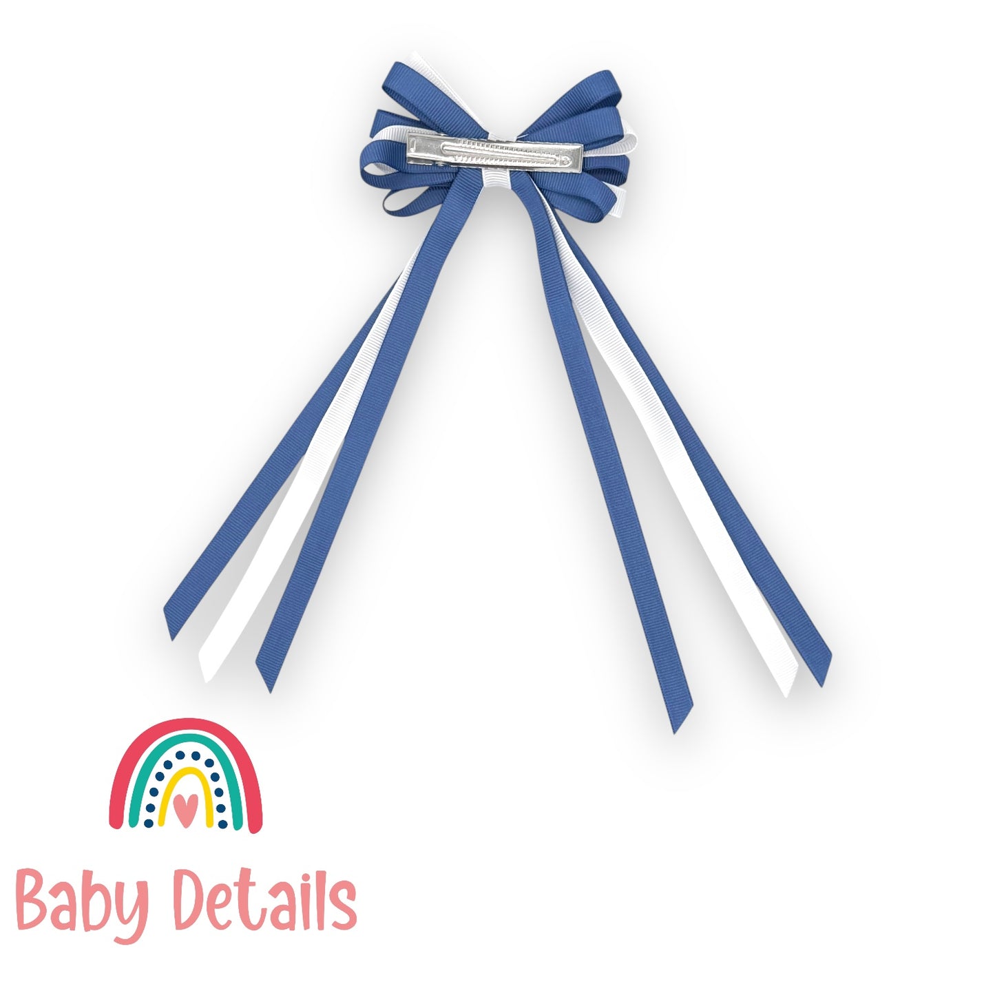Thin Bow Long Ribbon Hair Clip - Blue Grey & White