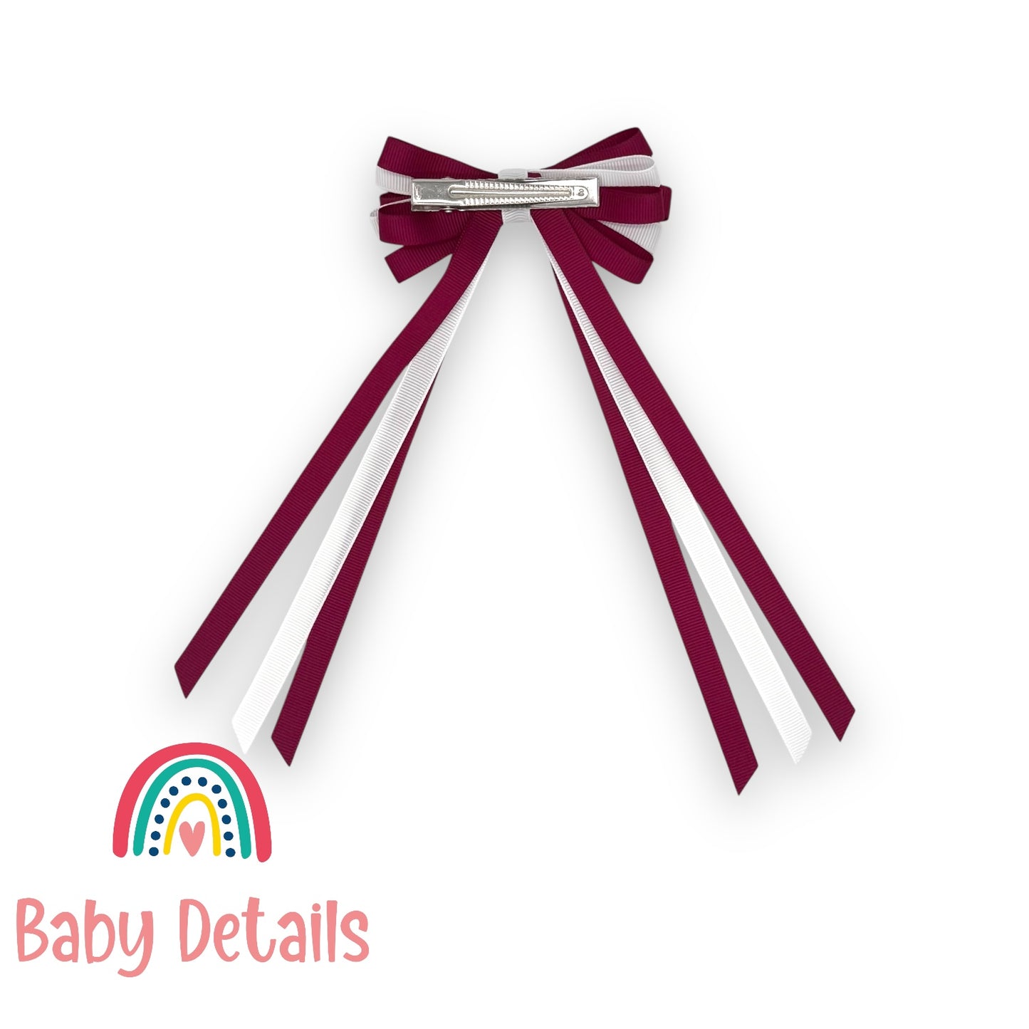 Thin Bow Long Ribbon Hair Clip - Burgundy & White