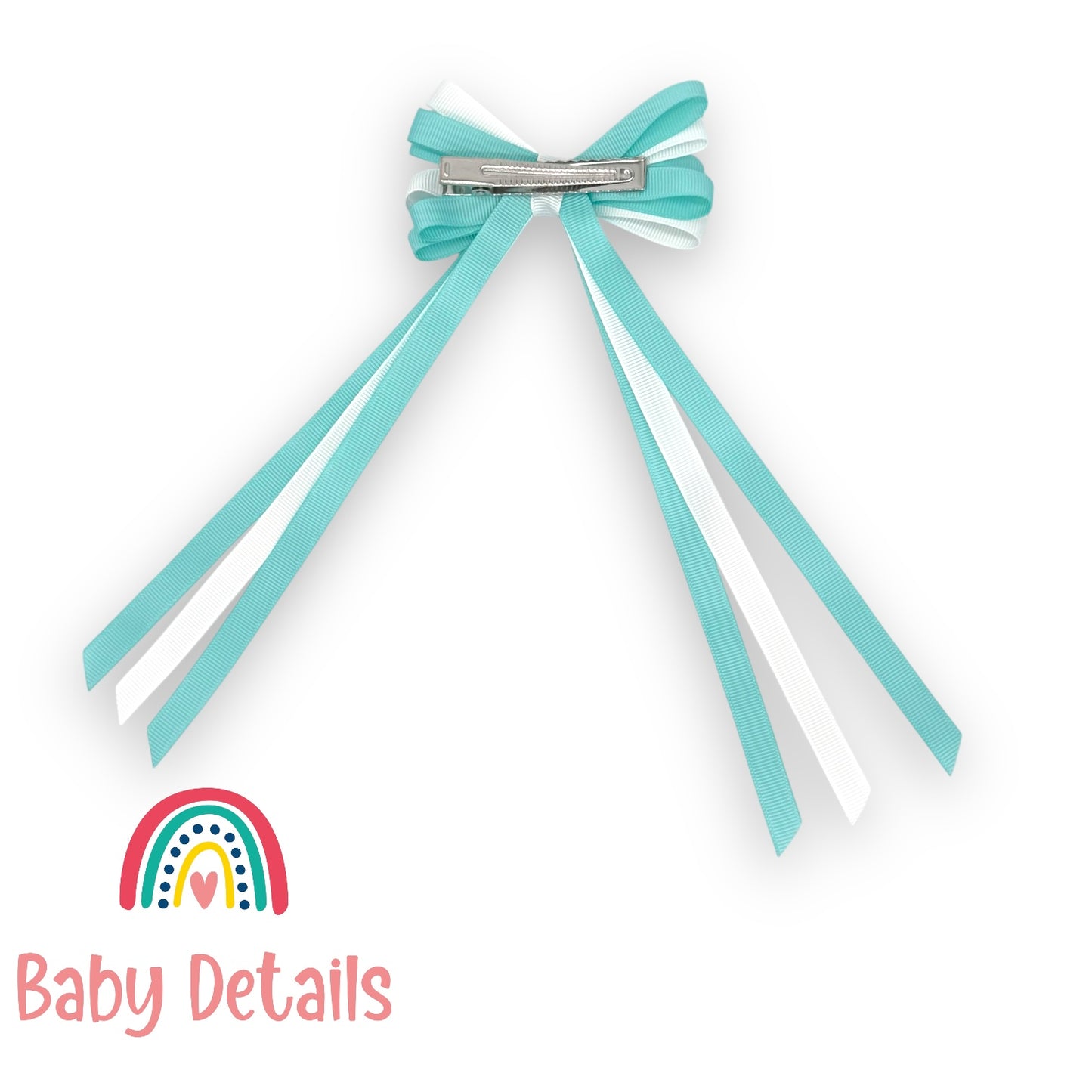 Thin Bow Long Ribbon Hair Clip - Aqua Green & White