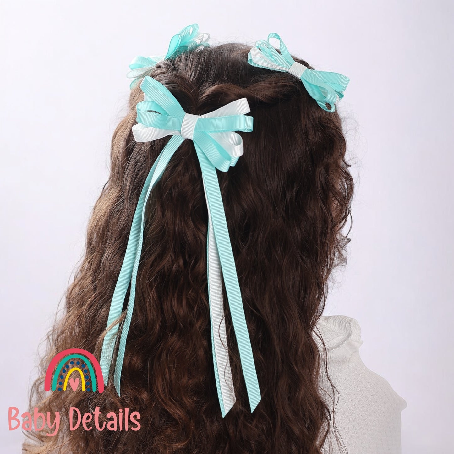 Thin Bow Long Ribbon Hair Clip - Aqua Green & White
