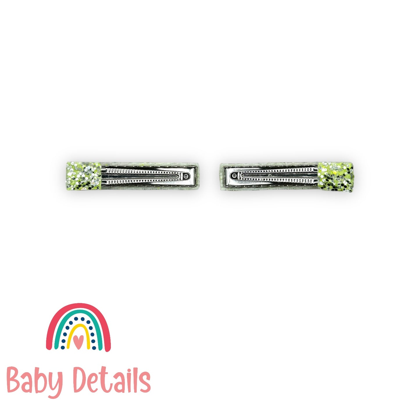 Glitter Bar Hair Clips - Neon Green with Silver