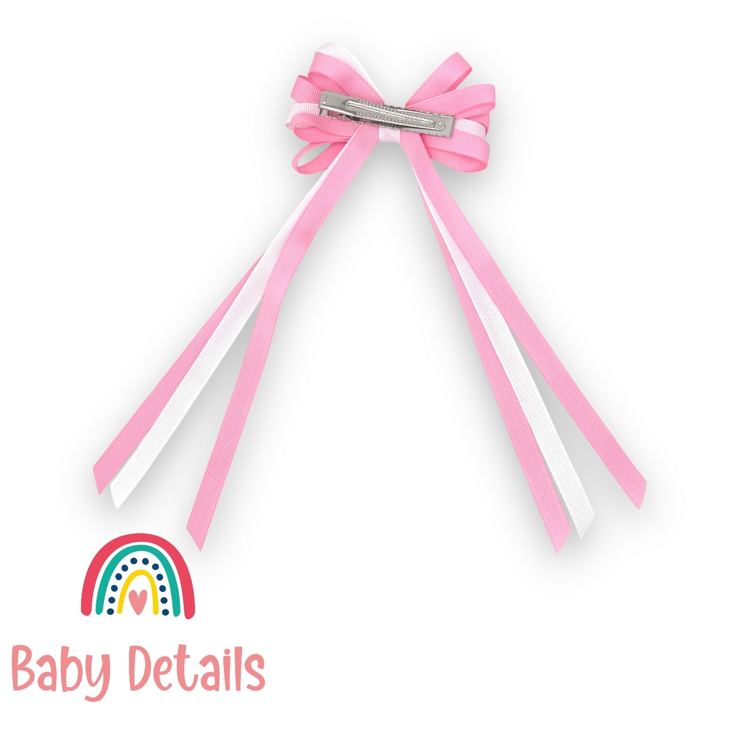 Thin Bow Long Ribbon Hair Clip - Light Pink & White